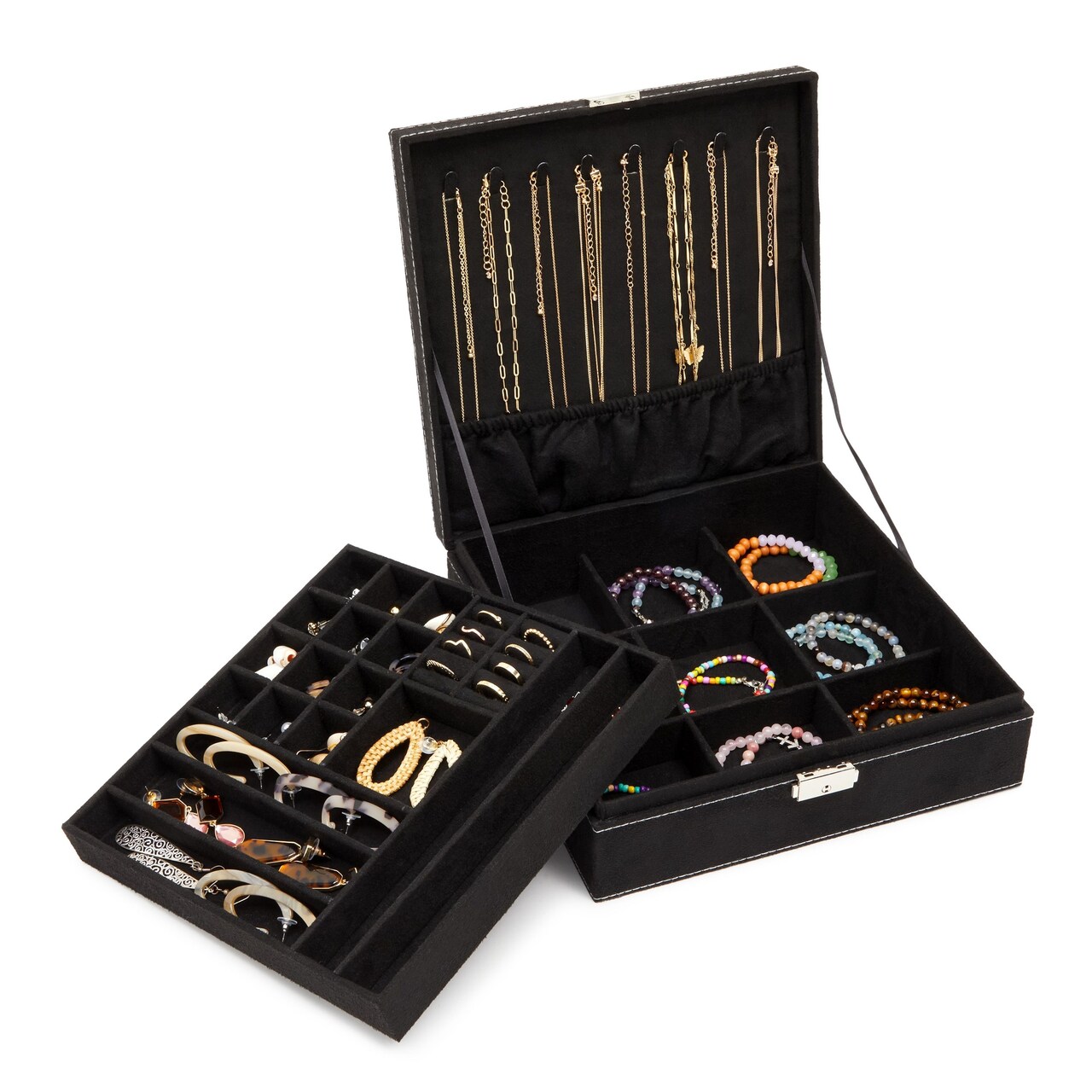 Velvet Jewelry Box Organizer Lockable 2 Layer Travel Case Earrings Storage with Removable Tray for Women Men Black